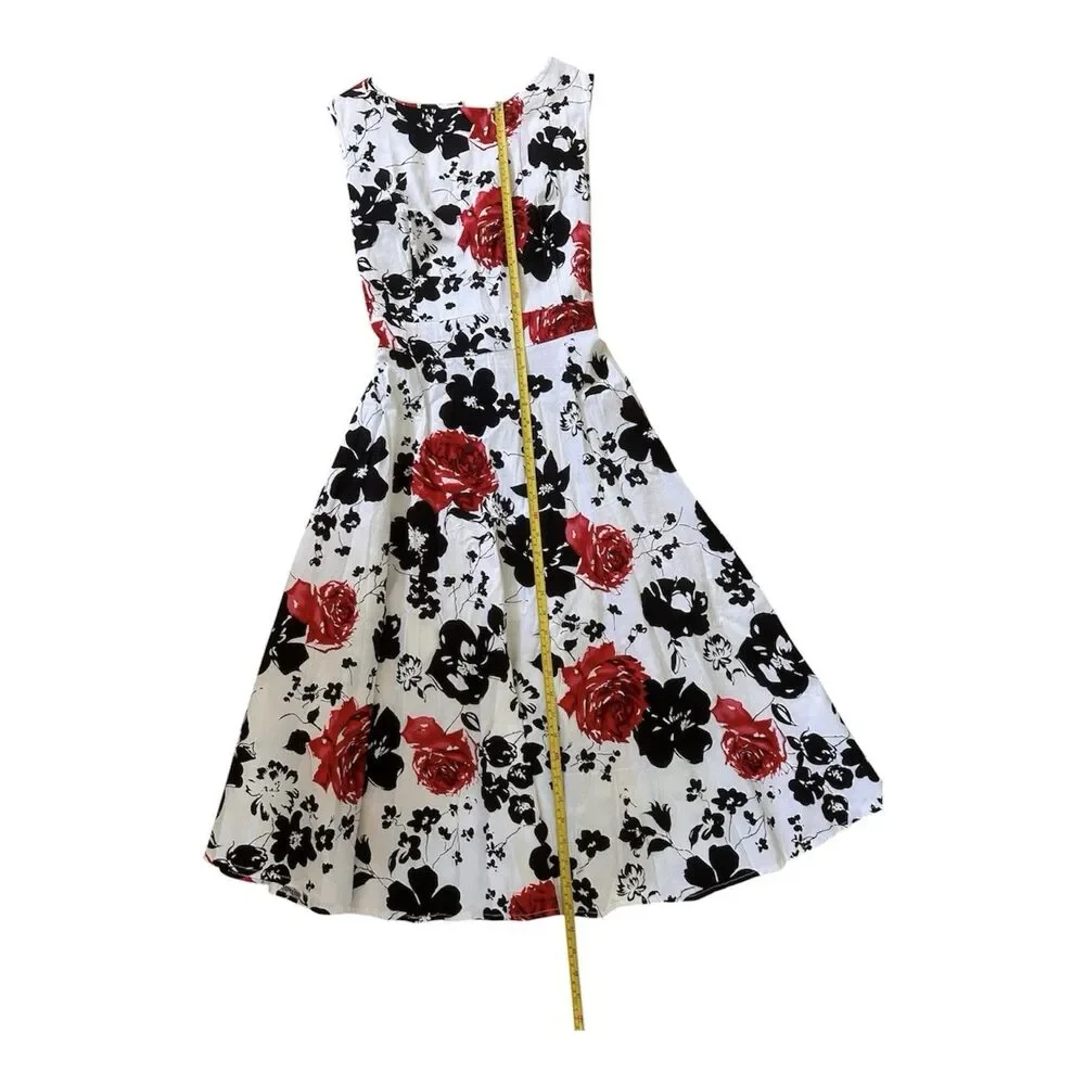 New Light Retro Floral A-Line Midi Dress White Red Black Rose Print Fit Flare XL